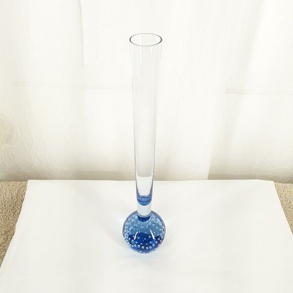 9.75" Bud Vase, Hand Blown Glass, Controlled Bubble, Light Blue Ice Blue, single - Picture 2 of 7